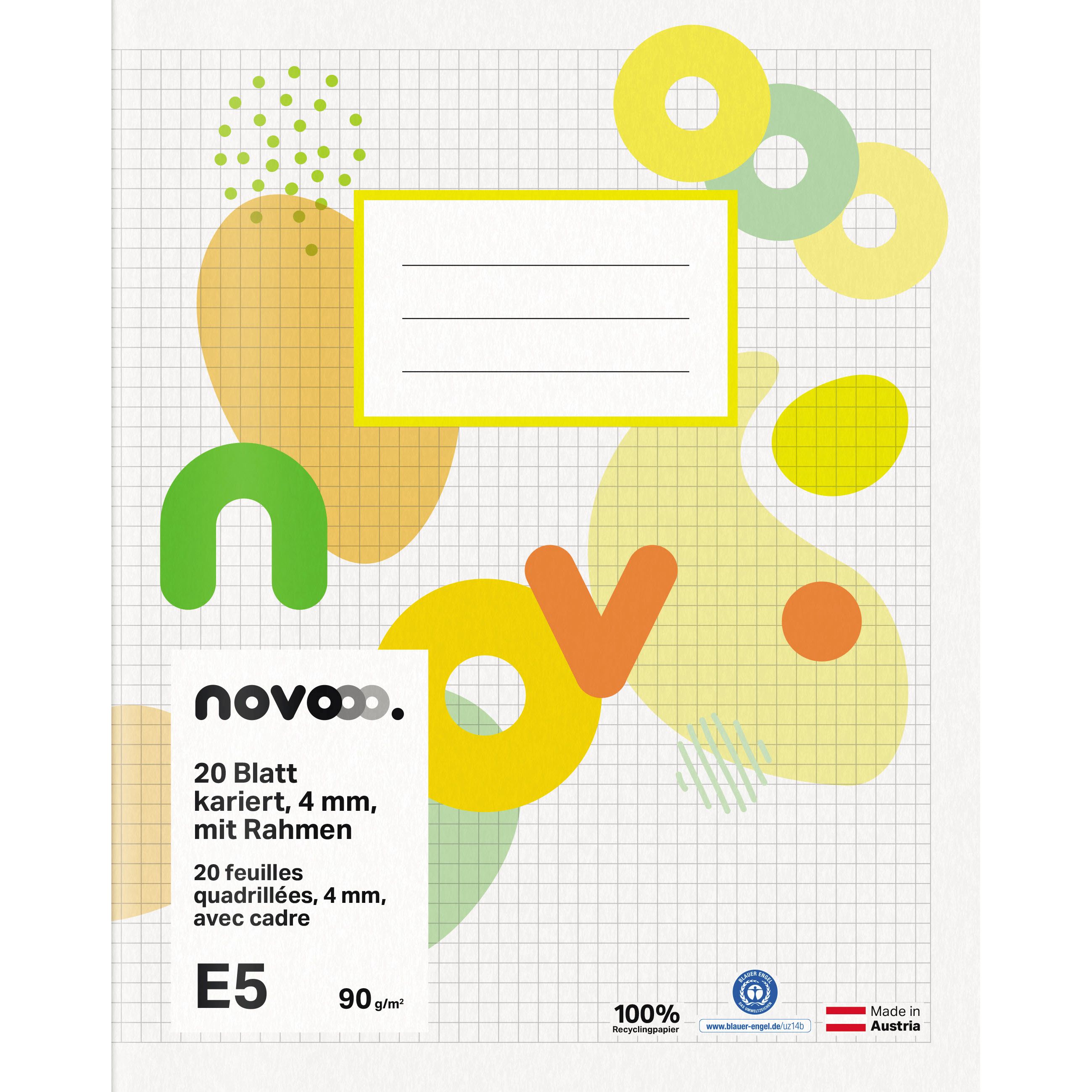 Novooo Schulheft E5, 4 mm kariert mit Rand, 90g, weiss, 20 Blatt